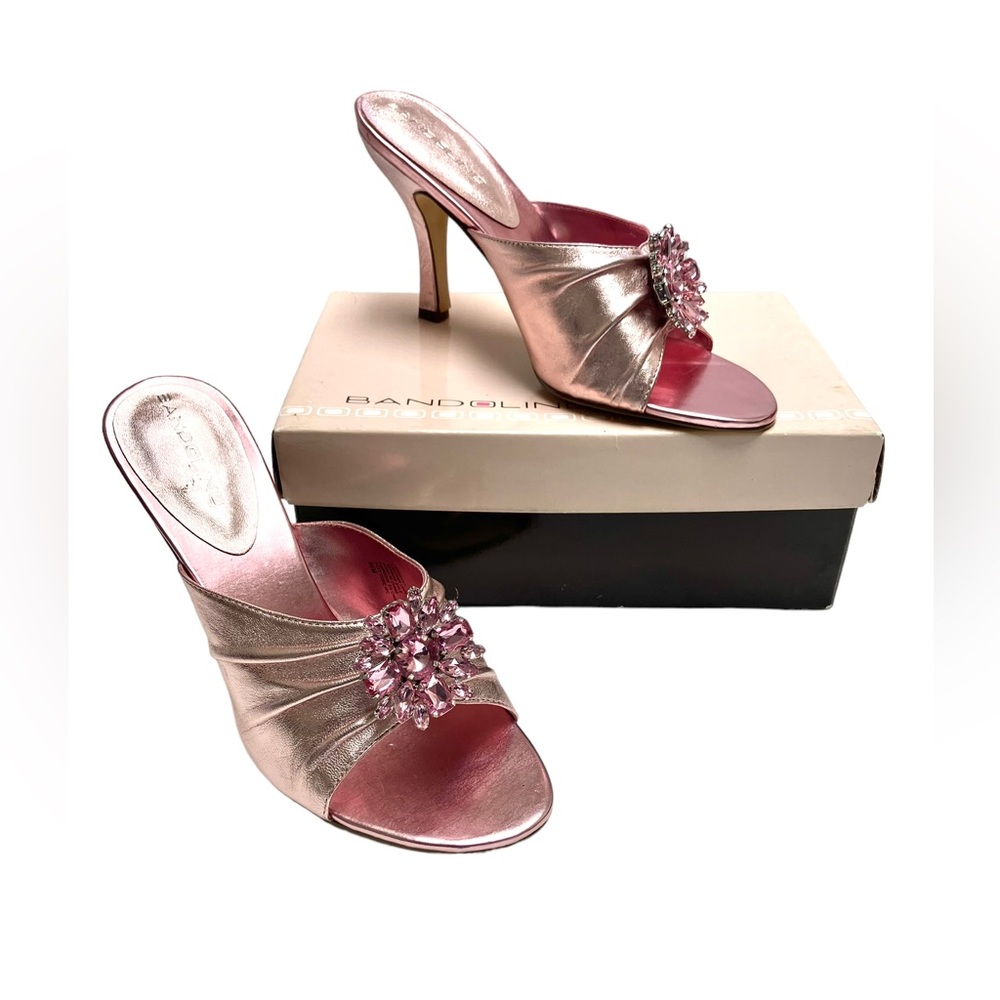Bandolino Pink Metallic Leather Heels Open Toe Slip On Size 9.5 M New In Box